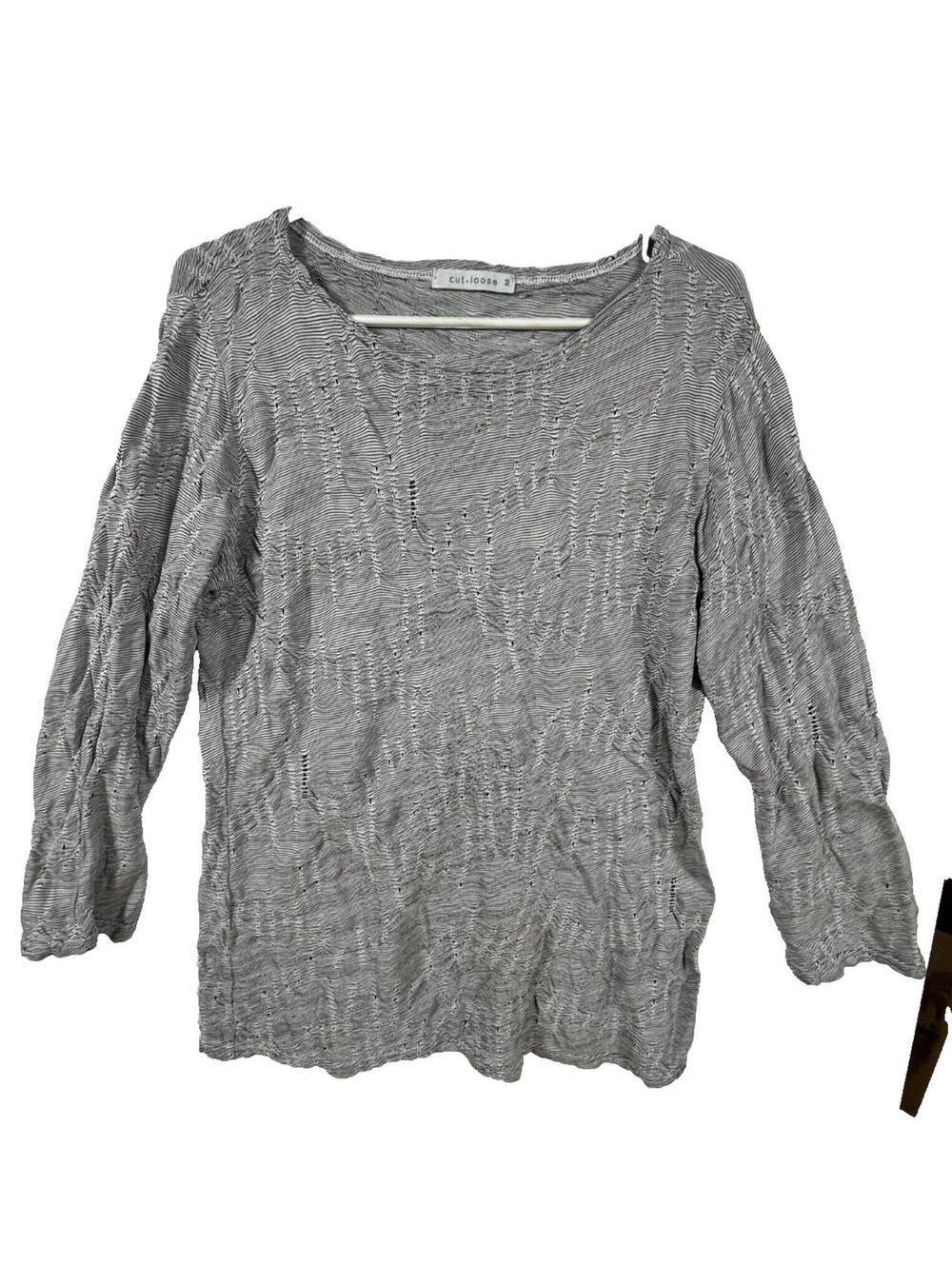 Cut Loose Tunic Top Womens Medium Black White Ruched Textured 3/4 Sleeve USA
